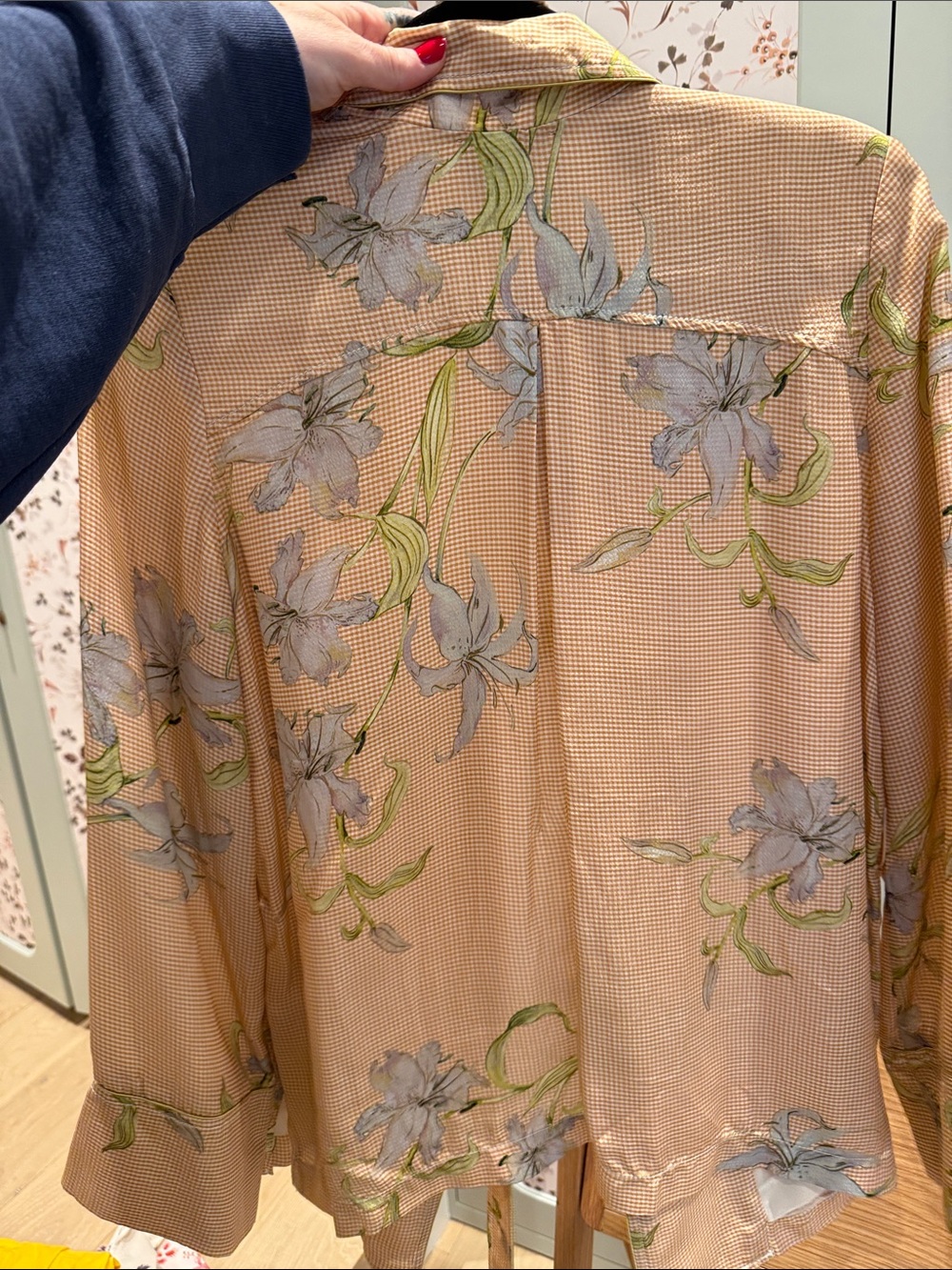 forte_forte Peach Gingham Floral Tie-Neck Blouse - Picture 6 of 6
